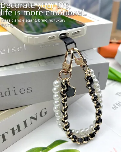 Vista 4 de Correa de muñeca para teléfono con cuentas de perlas, pulsera de teléfono desmontable con lengüeta de sujeción, pulsera universal con cuentas