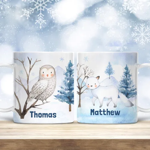 Vista 5 de Taza de Navidad para niños personalizable con nombre Winter Fox in Snow irrompible para niños Apto para lavavajillas, sin BPA y melamina