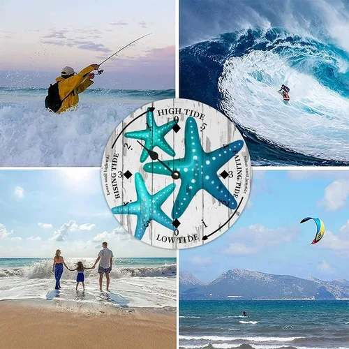 Vista 8 de Reloj de marea de estrella de mar oceánico, silencioso sin tictac, funciona con pilas, reloj de marea de madera, arte de pared, reloj de movimiento