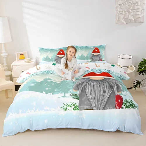 Vista 11 de Erosebridal Juego de ropa de cama de Navidad escandinavos gnomos de Papá Noel, funda de edredón de Papá Noel nevando para niños y niñas, funda