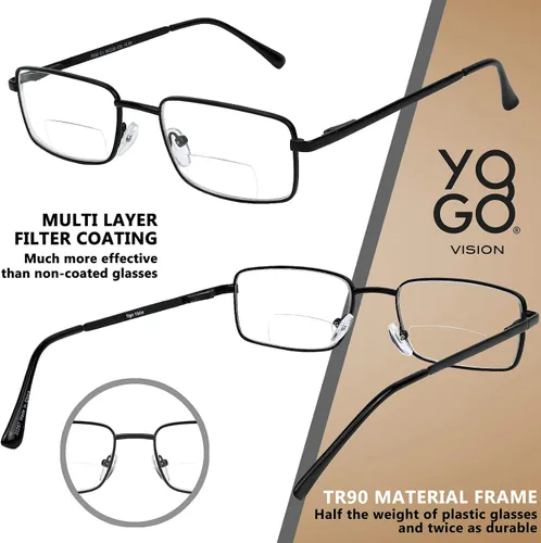 Vista 5 de Yogo Vision Bifocal Reading Glasses 2 Pack Metal Full Rim Readers Rectangle Glasses for Reading Men and Women