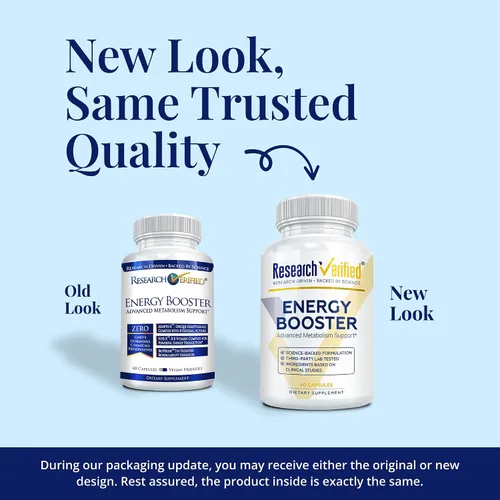 Vista 2 de Research Verified Energy Booster - 180 Cápsulas - Sin cafeína - Vitaminas B y adaptógenos - Suministro para 3 meses