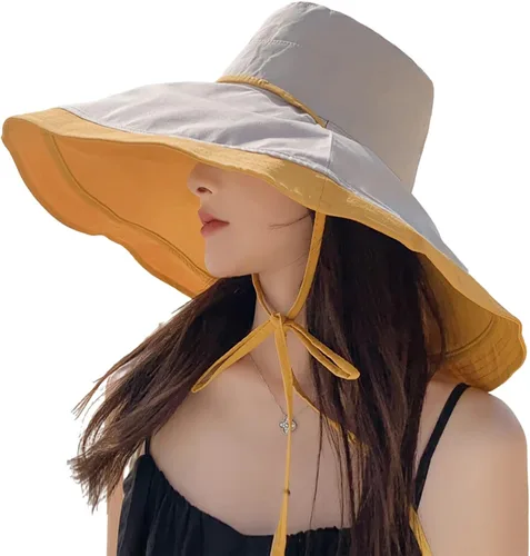 Vista 22 de Sombrero de sol de ala súper ancha para mujer, de algodón, plegable, reversible, con borde con cable, protección UV, verano, playa, viajes, jardín
