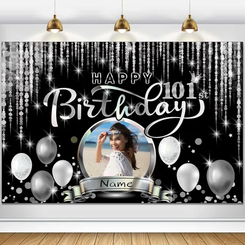 Vista 107 de Cartel de decoración de feliz cumpleaños número 100 personalizado - Personalización disponible - Negro y plateado - Tamaño grande - Admite fotos