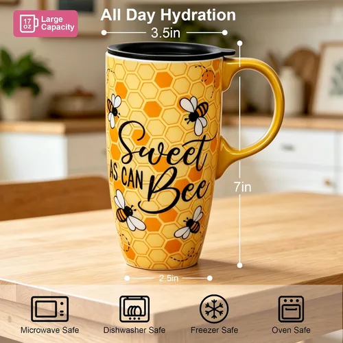 Vista 9 de Topadorn Taza de cerámica de café de porcelana con tapa en caja de regalo de 17 onzas, tazas de café novedosas para hombres, mujeres, oficina y Abeja