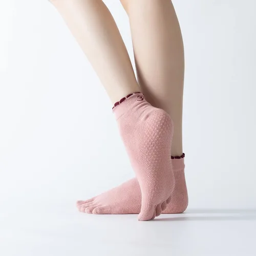 Vista 48 de Calcetines de yoga con dedos de pilates con empuñaduras para mujer, antideslizantes, acolchados, florales, calcetines tobilleros para baile de ballet