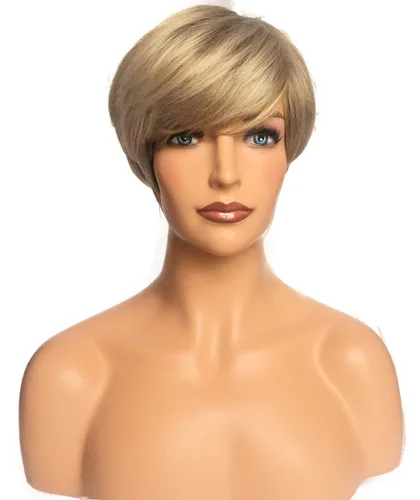 Vista 3 de Peluca corta rubia con flequillo, corte Pixie en capas, para mujer, fibra sintética, sin pegamento, esponjosa, aspecto natural