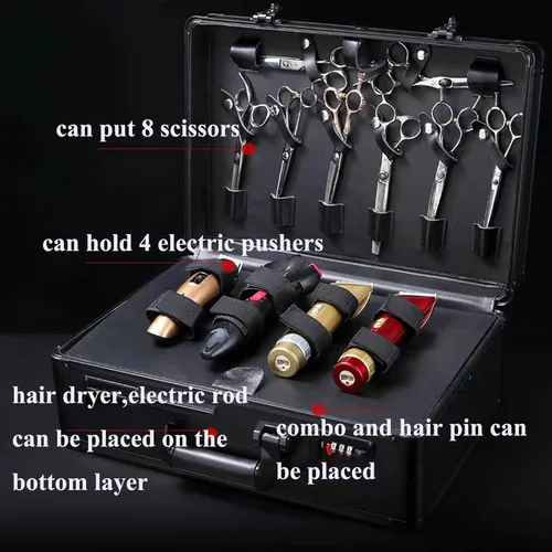 Vista 7 de Estuche de peluquero portátil para cortapelos y suministros, doble capa grande, herramientas de viaje, caja organizadora, kit de peluquería Negro