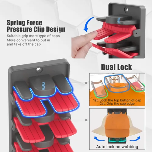 Vista 2 de Organizador de sombreros para gorras de béisbol, paquete de 2 con clips de resorte integrados, soporte de pared para sombreros de armario