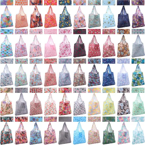Vista 8 de Paterr Paquete de 50 bolsas de comestibles reutilizables plegables, bolsas de compras lavables a granel con bolsa de transporte para comestibles