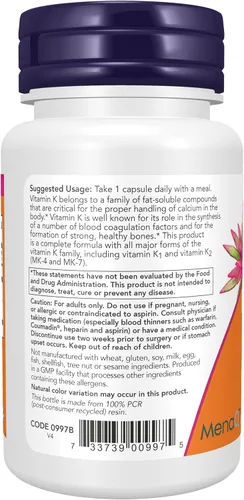 Vista 3 de NOW Foods Suplementos, MK-7 Plus con K1 y MK-4, apoya la salud ósea*, 90 cápsulas vegetales