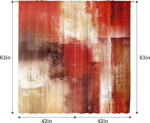 Vista 4 de MESHELLY Cortinas Rojas Abstractas 42Wx63H Pulgadas Bolsillo para Varilla Bloques Rústicos Borgoña Marrón Pintura al Óleo Casa de Campo Dormitorio