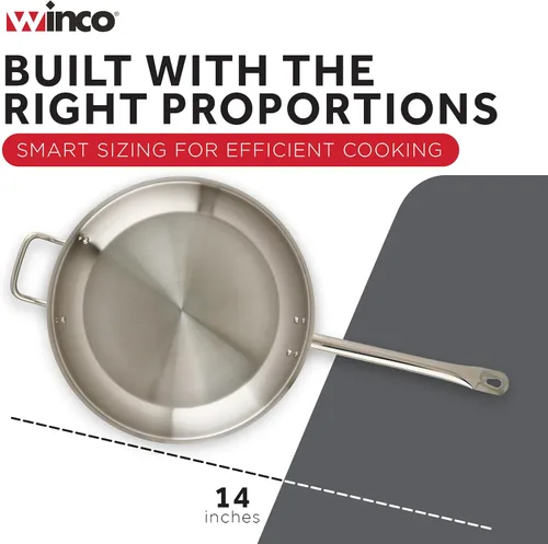 Vista 6 de Winco - Sartén de acero inoxidable de 14 pulgadas con mango auxiliar