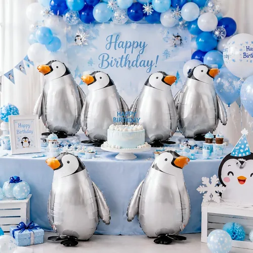 Vista 6 de Zhanmai - 4 globos de pingüino para caminar, suministros de fiesta
