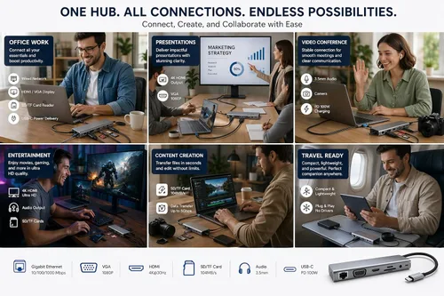 Vista 8 de Estación de acoplamiento multipuerto USB-C 11 en 1 con HDMI 4K, VGA, Ethernet, 100 W PD, USB 3.0, lector de tarjetas SD/TF y conector de audio