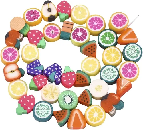 Vista 2 de Cuentas de arcilla polimérica hechas a mano con forma de fruta mixta, cuentas sueltas de color mixto, cuentas espaciadoras para hacer joyas