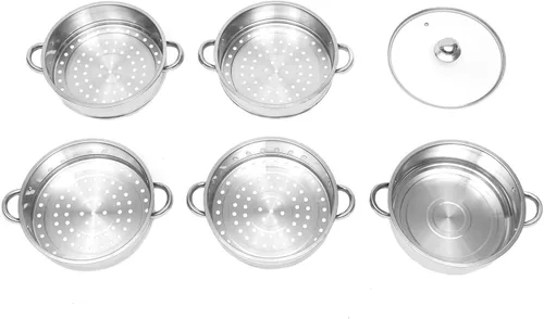 Vista 12 de Vaporizador de acero inoxidable de 5 niveles, olla de vapor apilable de acero inoxidable con tapa de vidrio para cocinar al vapor y cocinar