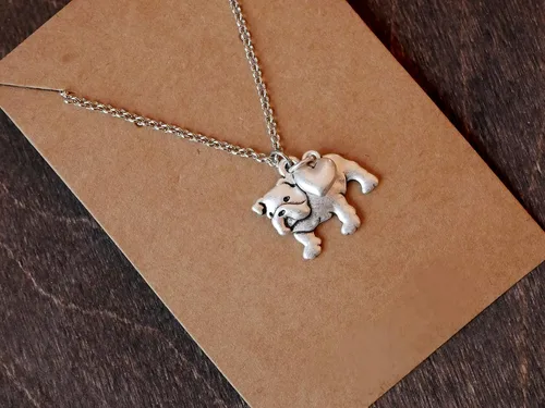 Vista 4 de English Bulldog Charm Necklace Bull Dog Pet Lover Gift Silver Metal with Heart Pendant on a Chain Ladies I Love Dawgs Short Hair