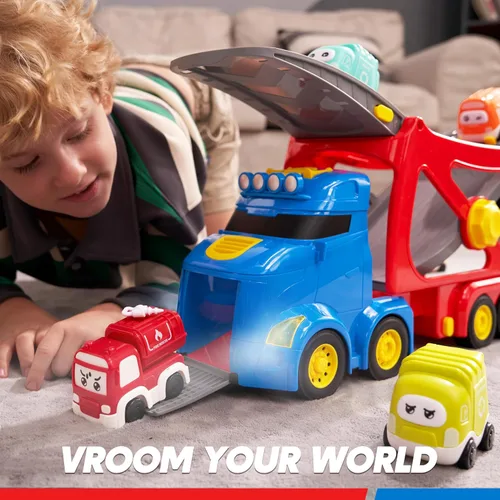 Vista 8 de Vroomix Camiones de Juguete Extra Grandes para Niños Pequeños, Camiones de Ciudad de 3 Niveles para Niños, Camión Transportador Grande 7 en 1
