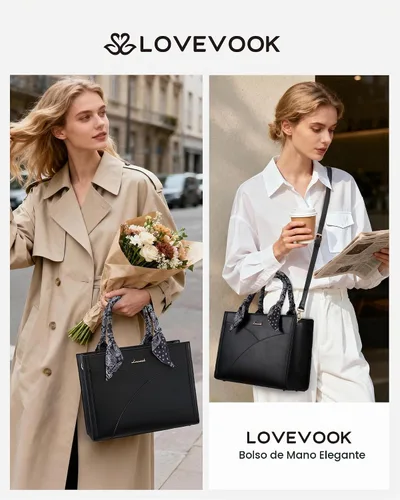 Vista 4 de LOVEVOOK Purses and Handbag for Women, Waterproof PU Leather Tote Purse with Scarf, Satchel Top Handle Bags with Strap Marrón vintage