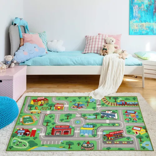Vista 6 de Yincimar Alfombra de juego para niños para sala de juegos, 5.2 x 3.3 pies, mapa de ruta de la ciudad, alfombra de juego para automóvil, alfombra