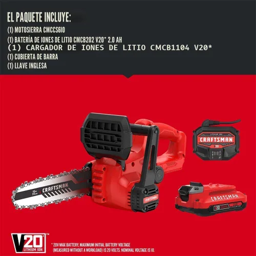 Vista 3 de CRAFTSMAN Mini Motosierra, Mini Motosierra Inalámbrica de 10 Pulgadas, Motosierra Eléctrica, Batería V20 y Cargador Incluidos, Cortador de Árboles