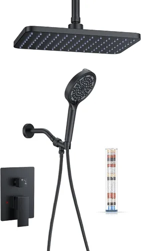 Vista 12 de 11" Brushed Gold Rainfall Shower System – Complete Spa Faucet Set with Filtered Handheld Sprayer & Mixer Valve – Modern High Pressure Bathroom