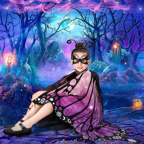 Vista 5 de Tibeha Halloween Butterfly Costume for Adult - Double-Sided Printing Wings Women Kids Girls Cape