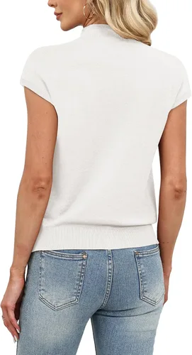 Vista 5 de Sampeel Suéter de manga corta para mujer, cuello alto, para verano, elegante, informal, básico, de punto