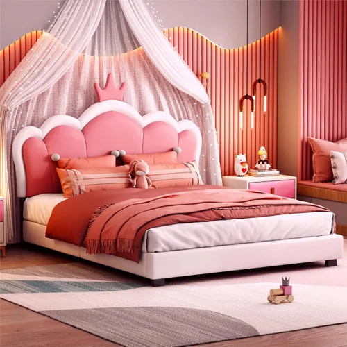 Vista 11 de Bonita cama de princesa tapizada de tamaño individual con cabecera corona, plataforma de piel sintética rosa para niños y niñas, no requiere somier