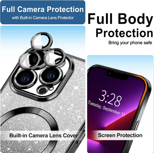 Vista 3 de Hython Funda para iPhone 13 Pro transparente con purpurina magnética [compatible con MagSafe] Protector completo de lente de cámara delgado
