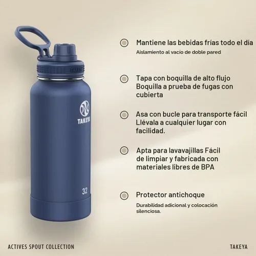 Vista 3 de Takeya Actives Botella de agua con tapa de boquilla, botella con doble aislamiento de acero inoxidable, apta para lavavajillas y sin BPA, botella