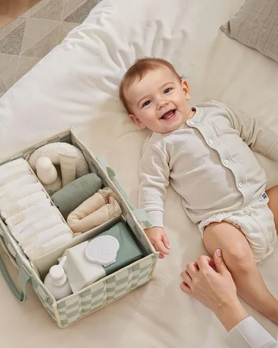 Vista 7 de Blissful Diary Organizador de pañales a cuadros, elegante cesta de almacenamiento para guardería, regalo para baby shower, artículos esenciales