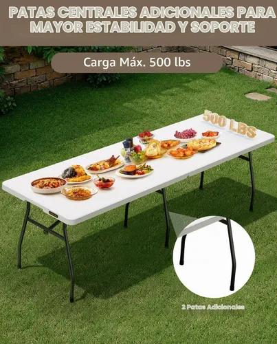 Vista 2 de FanttikOutdoor - Mesa plegable de 8 pies con seis patas, 500 libras, fiesta, camping Blanco