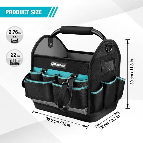 Vista 6 de DURATECH Bolsa de herramientas de 12 pulgadas con fondo duro impermeable, bolsa de herramientas para electricista con mango giratorio, bolsa