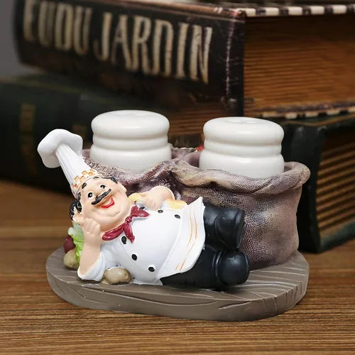 Vista 5 de Juego de salero y pimentero, estatua decorativa de chef sentado, organizador de especias, tarros de especias de vidrio con soporte, figura de regalo