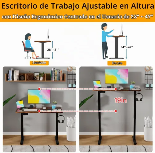Vista 5 de Escritorio eléctrico de altura ajustable, mesa de estación de trabajo para computadora, escritorio de pie para oficina en casa Marrón