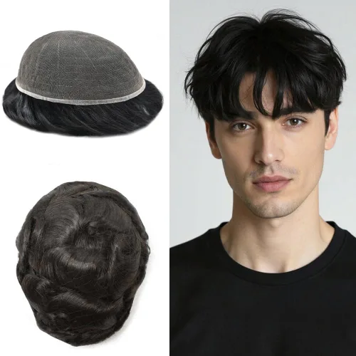 Vista 117 de PUNRU HAIR Completo Swiss Lace Toupee para hombres Sistema de cabello humano real Sistema de reemplazo de cabello humano para hombre Toupee