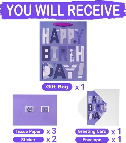 Vista 3 de Juego de bolsas de regalo moradas grandes de 13 pulgadas con tarjeta de felicitación y papel de seda lavanda (feliz cumpleaños de dibujos animados)