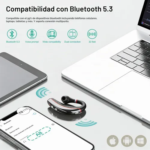 Vista 3 de Auriculares Bluetooth, auricular inalámbrico Bluetooth con funda de carga de 500 mAh para auriculares ultraligeros manos libres V5.3 con micrófono