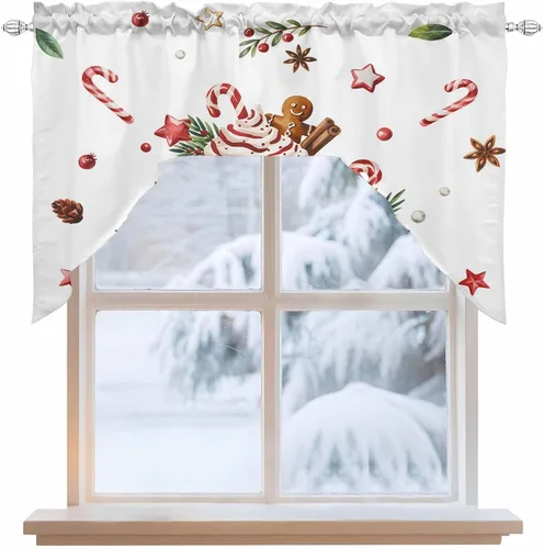 Vista 2 de Feliz Navidad, cenefa con cenefa con dobladillo para barra, paneles de cortina para dormitorio, sala de estar, baño, cafetería, ventanas, flores