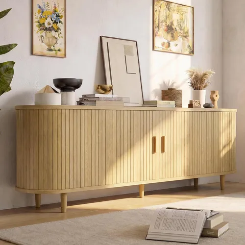 Vista 15 de Soporte de TV moderno de mediados de siglo de 58 pulgadas, consolas de TV de madera con puertas correderas y toma de corriente, centro