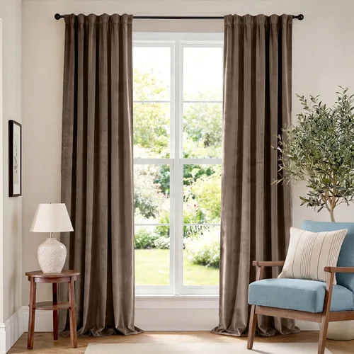 Vista 107 de Lazzzy Cortinas opacas de terciopelo beige de 84 pulgadas de largo con aislamiento térmico para oscurecer la habitación, cortinas forradas de lujo