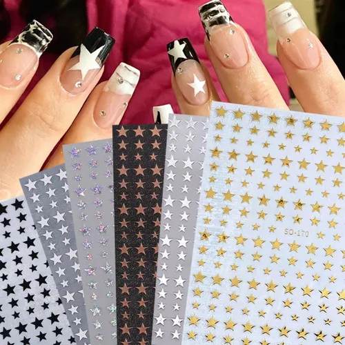 Vista 7 de 6 Hojas de Calcomanías de Arte de Uñas con Estrellas Calcomanías 3D con Purpurina Brillante Dorada Plateada Blanca Negra Estrellas Calcomanías