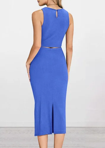 Vista 8 de PRETTYGARDEN Conjunto de 2 piezas de verano para mujer, cuello redondo, sin mangas, con abertura, falda midi