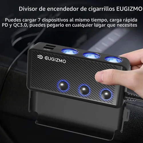 Vista 2 de EUGIZMO 7 en 1 divisor de encendedor de cigarrillos para coche, adaptador de cargador de 3 zócalos 200W