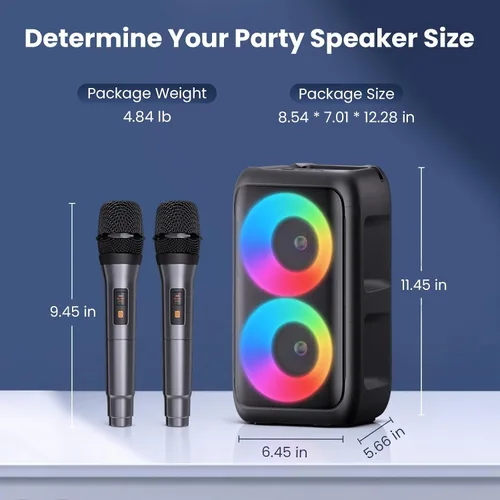 Vista 7 de Altavoz Bluetooth con 2 micrófonos inalámbricos recargables, altavoz portátil para fiesta con luces de colores, altavoces de pie compatibles