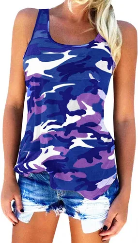 Vista 7 de Lindas camisetas deportivas sin mangas de camuflaje para correr, para entrenamiento, gimnasio, espalda cruzada, para mujer Camo Verde