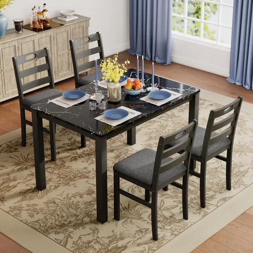 Vista 9 de PHI VILLA - Juego de mesa de comedor para 4, mesa y sillas de cocina con diseño de mármol Emperador Mármol Oscuro y Oliva
