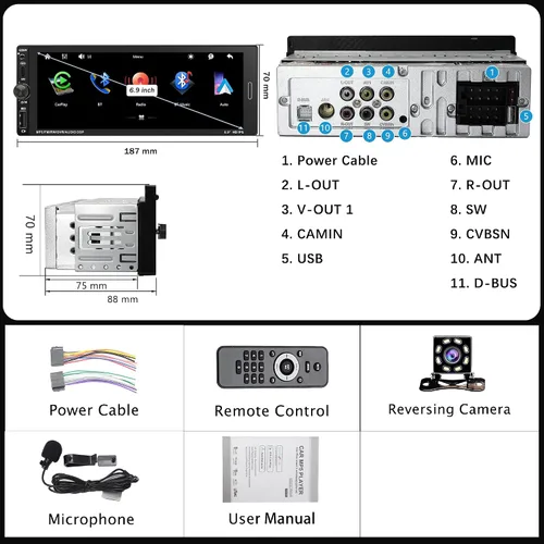 Vista 6 de Radio con pantalla táctil DIN simple de 6,9 pulgadas con Apple CarPlay